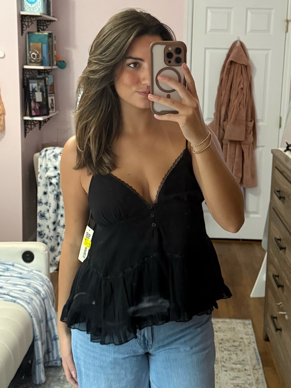 No Boundaries Black Lace-Trim V-Neck Ruffled Cami